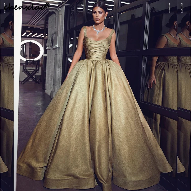 

Abendkleider Gold Evening Dresses Long Satin Ball Gown Square Neck Spaghetti Strap Dubai Evening Dress 2019 Formal Gowns