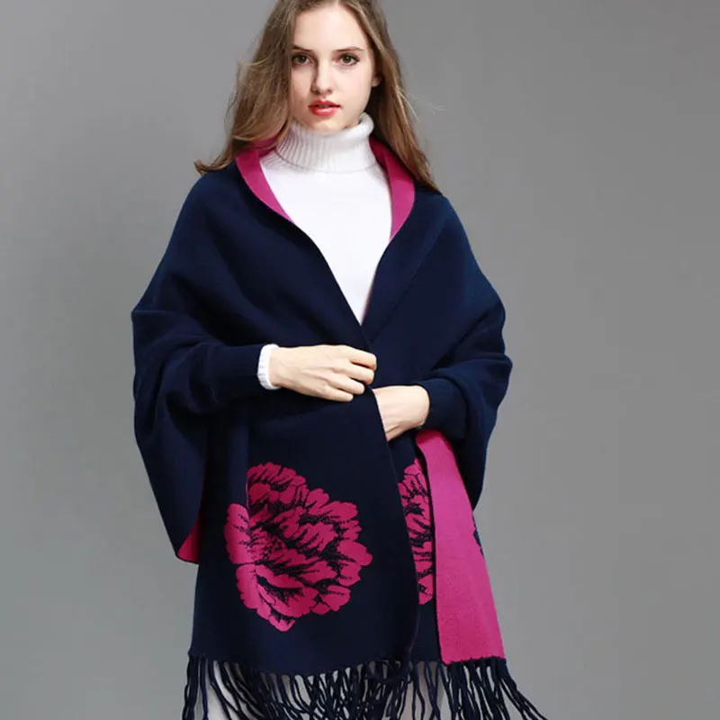 Navy rose shawl Для женщин длинные шерстяные Свитеры для женщин куртка толстые открытым стежка кисточкой шаль накидка куртка Дамская мода Повседневное Свободные куртка осень-зима 06 - Цвет: Navy rose shawl