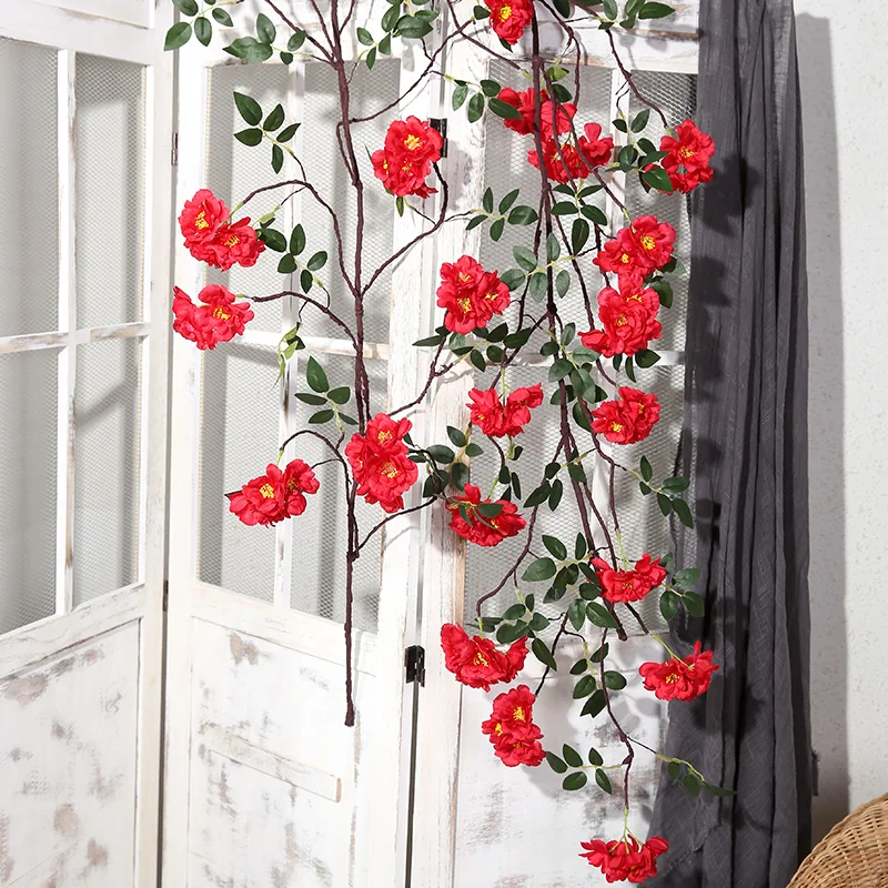 

yumai 197 cm Red Roses Flowers Vine Artificial Decoration with Green Leaves Rose Flower Garland for Wedding party Arch Decor