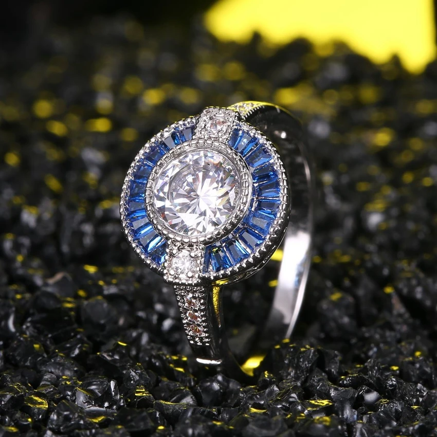 ZHE FAN AAA Luxury Blue Cubic Zirconia Vintage Ring Rhodium Plated Jewelry Rings For Women Wedding Party Christmas Day Gift New | Украшения