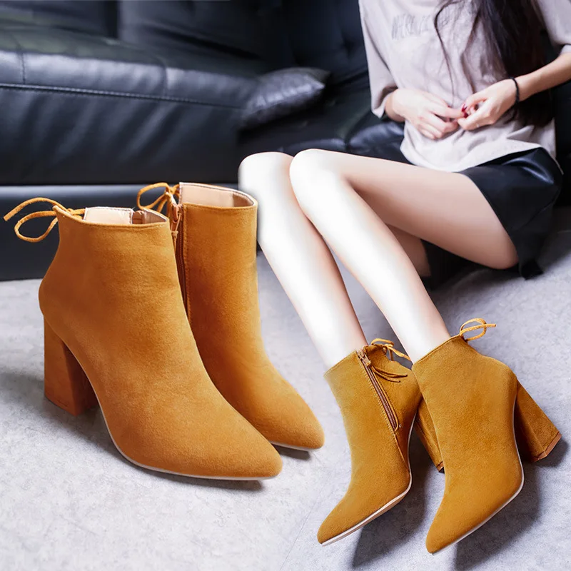 

2018 Hot Autumn Fashion Women Shoes Flock Martin Boots Zip Casual Boots Pointed Toe High Square Heel Warm Female Ankle Boots