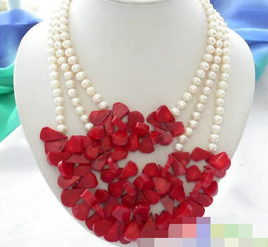 

0913 3row white round freshwater pearl red coral necklace