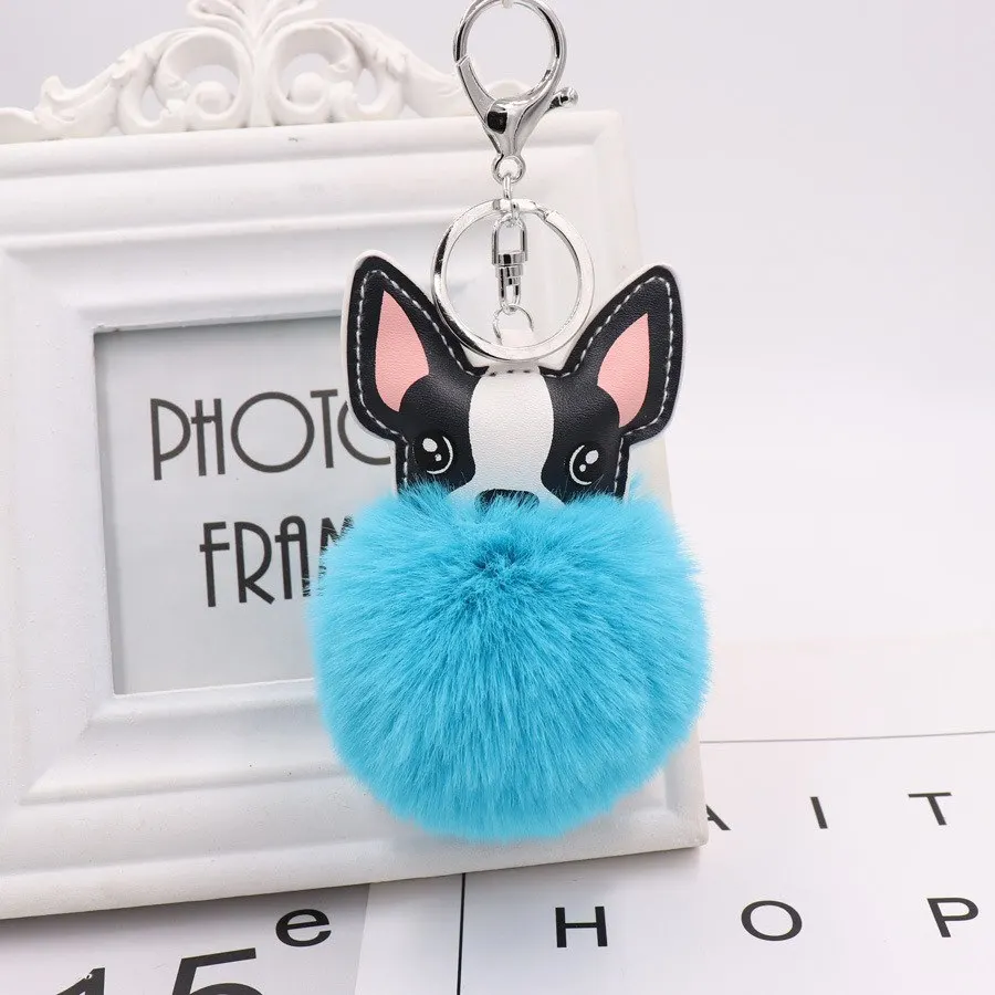 Fluffy Rabbit Fur Ball French Bulldog Keychain Pompom Key Chain Pu Leather Animal Dog Keyring Holder Bag Charm Trinket Chaveiros - Color: YS-3