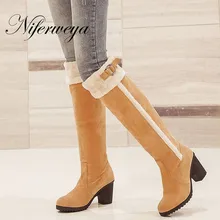 Горячая распродажа! Новые модные зимние женские ботинки; большие размеры 34-43; черная обувь на высоком каблуке; сапоги до колена с украшением в виде пряжки; AUGZ-129