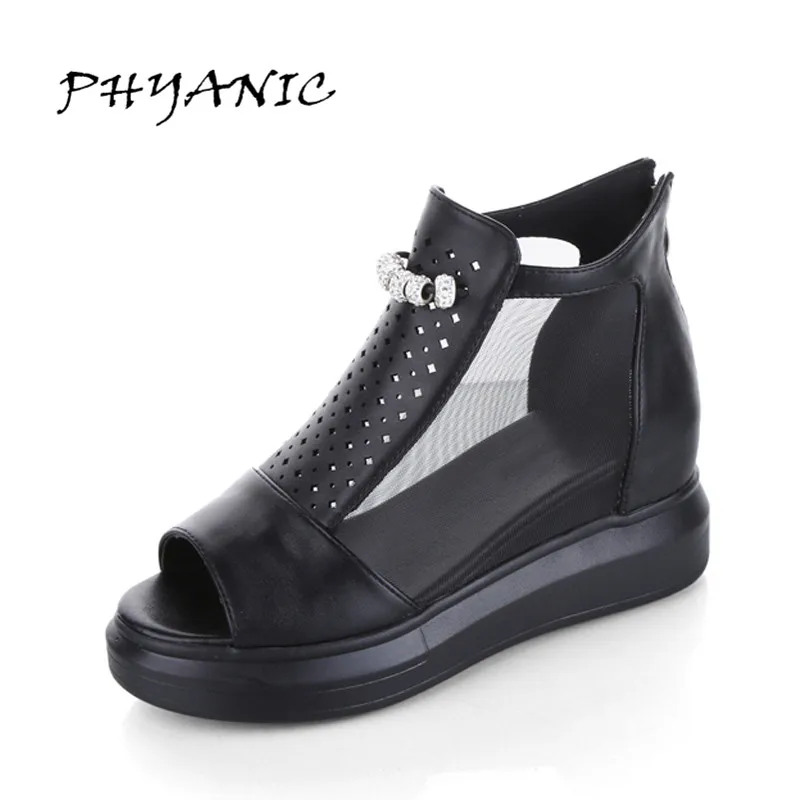 

PHYANIC Mesh Breathable Women Sandals Peep Toe Summer Boots Woman Increasing Heel Platform Rhinestones Sandals PHY3414