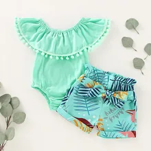 Одежда для новорожденных девочек и малышей с оборками с бахромой с комбинезон с цветочным принтом и шорты, летняя одежда зеленого цвета, комплекты детской одежды из 2 предметов 6-24 мес