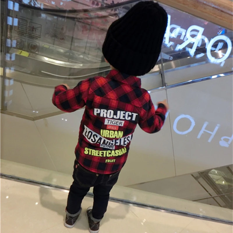 4 Baby Boy Shirts Plaid Party Letters Shirts Girls Blouse Kids Long Sleeve Tops Outwear Cotton Designer Stylish Children Clothing