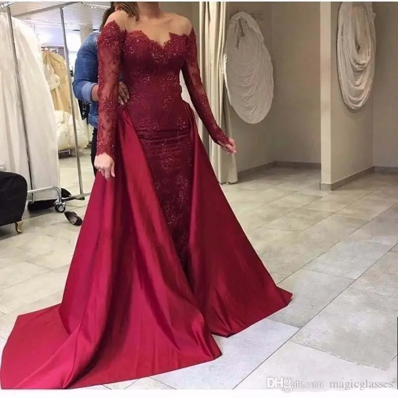 Lange Mouwen Mermaid Bourgondië Lace Avondjurken 2019 Met Afneembare Rok Robe De Soiree Longue Rouge Lange Mouwen Mermaid Bourgondië Lace Avondjurken 2019 Met Afneembare Rok Robe De Soiree Longue Rouge