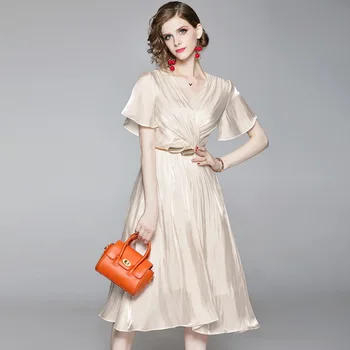 

2019 Summer Dress Women's Fashion V-Neck Short Sleeves Slim Belted Solid Color Elegant Acetate Satin Dress Midi S-XL