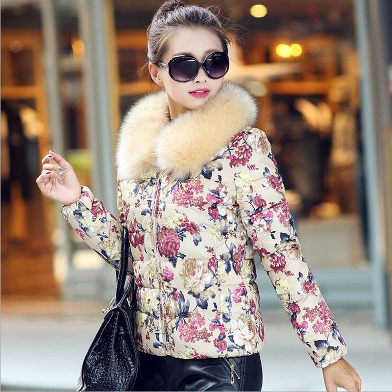 Plus Size 2016 Fashion Winter Faux Fur Collar Jacket Print Women Slim Short Down Cotton Thicken
