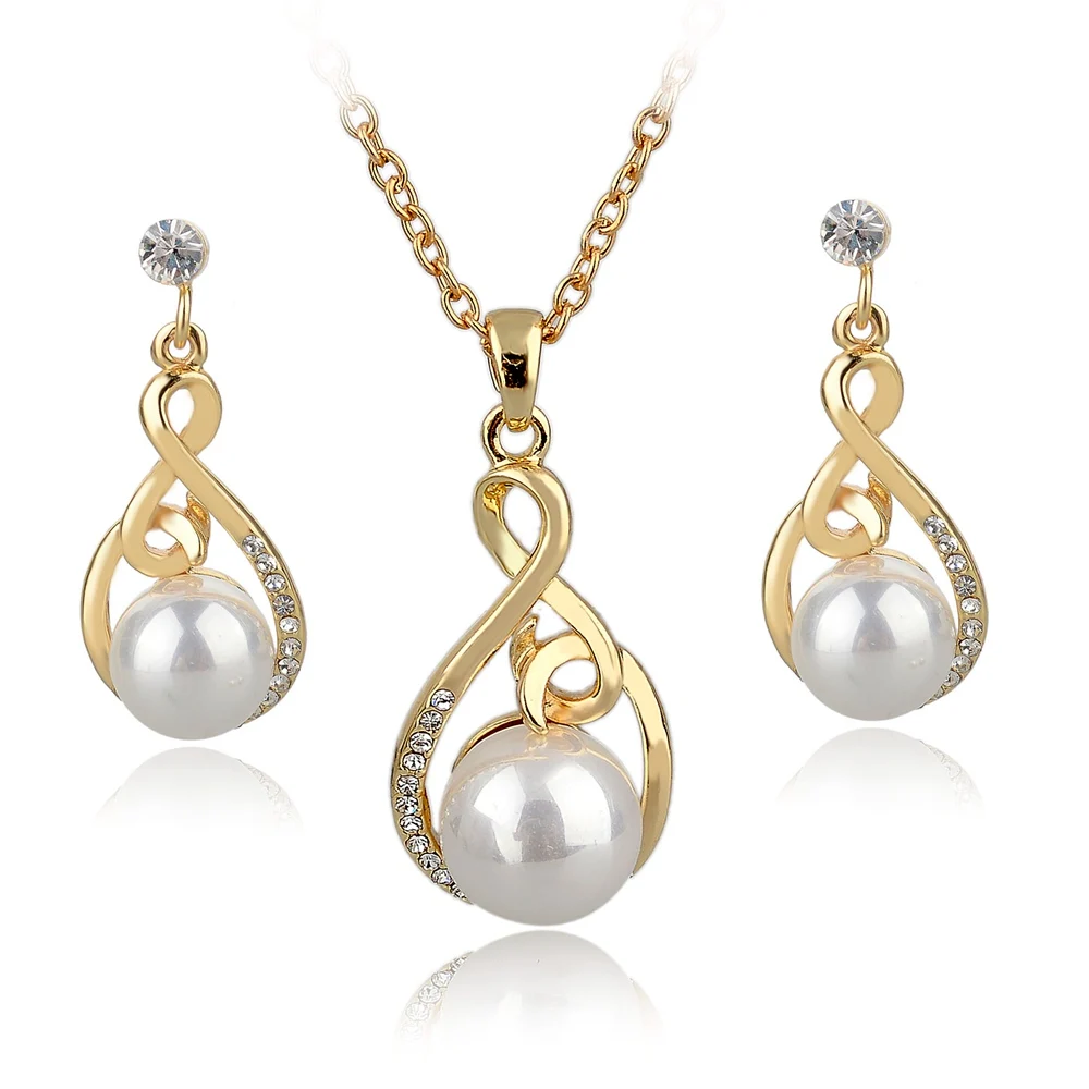 New Unique Design 18K Gold Plated Pearl Crystal Jewelry Sets Necklace Earrings