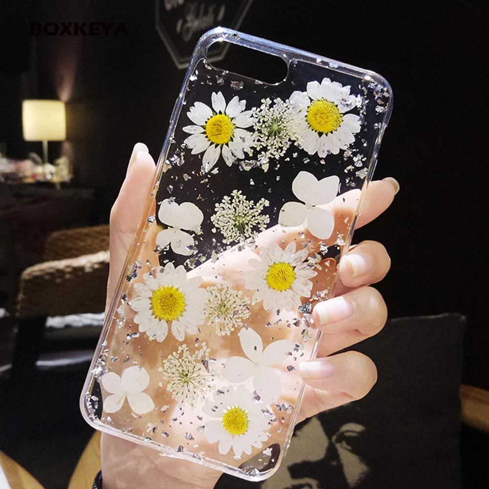 Роскошные настоящие сухие цветы Bling Фольга Телефон чехол для iPhone 7 6 S 8 плюс