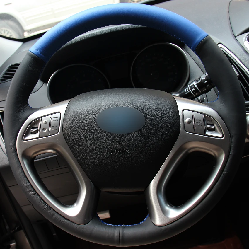 Black Natural Leather Blue Natural Leather Car Steering Wheel Cover for