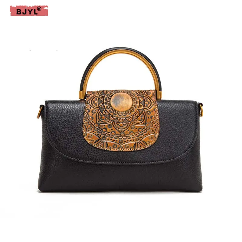 

BJYL new cow leather Women handbag retro first layer cowhide women's handbag embossed pattern shoulder diagonal female handbag