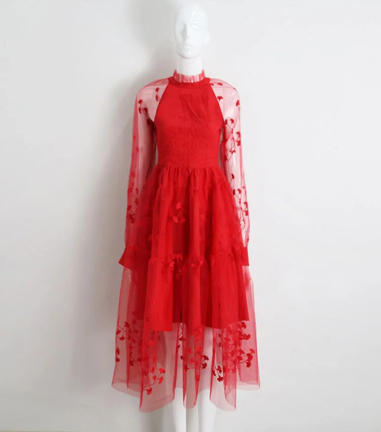 

2019 Dress Sexy Elegant Full Floral Lace See-Through Women O Neck Jing Tian Night Club Lantern Sleeve Body con Dresses Wholesale