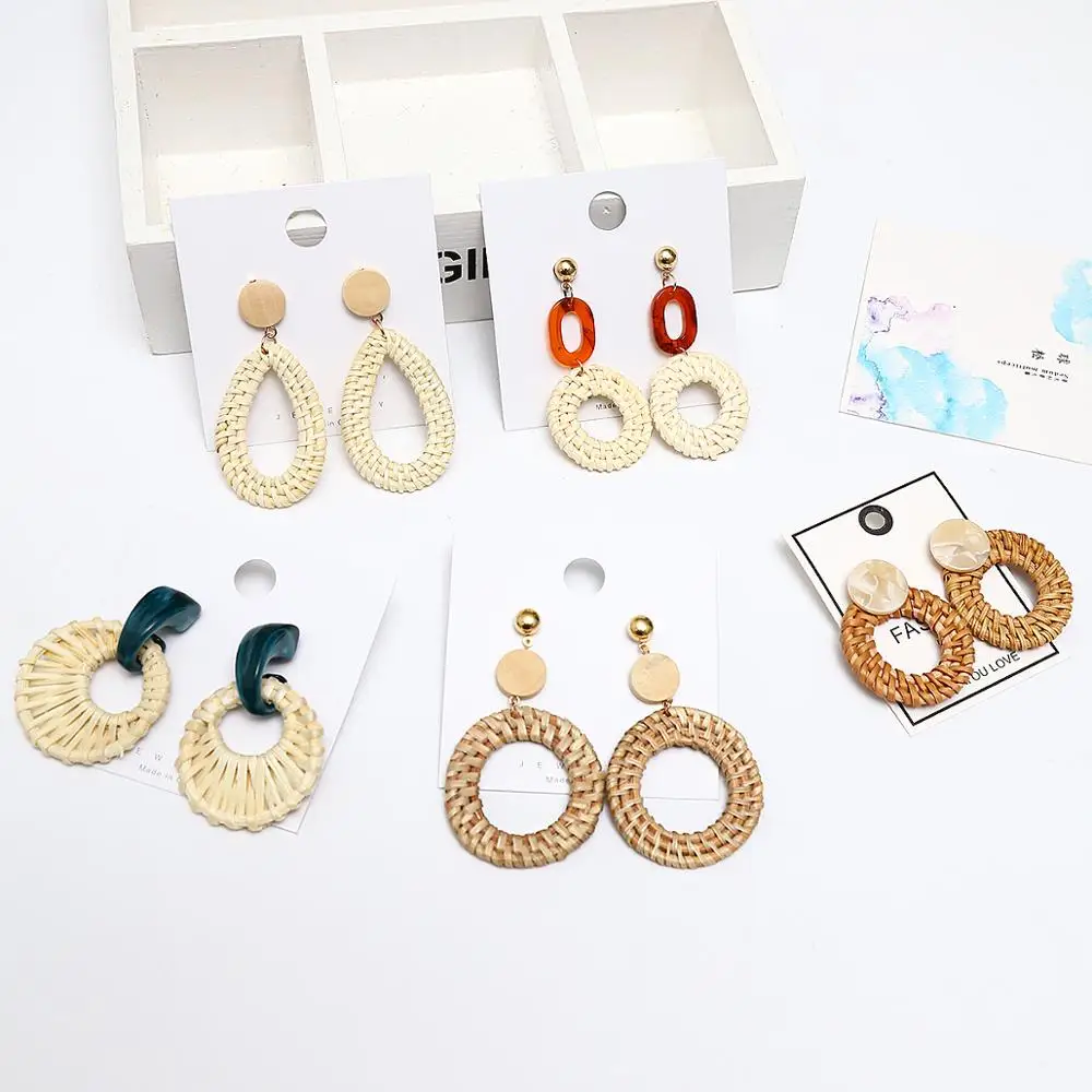 

2019 Wooden Earring For Women Fashion Round Straw Geometric Statement Korean Style Rattan Knit Handmade Vine Water Drop Earrings