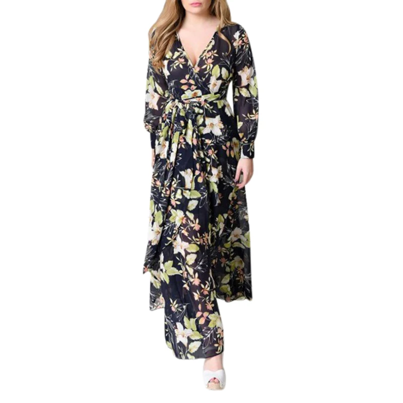 Summer Chiffon Floral Print Boho V Neck Long Maxi Dress Women Long Sleeve Elegant Sexy Beach Party Maxi Dresses Female Vestidos