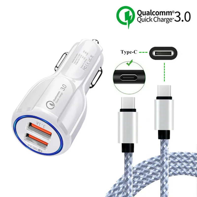 

Quick Charge QC 3.0 Car Charger Adapter & USB Type C Cable For Samsung S10 A70 A40 M30 Lenovo Z5 One Plus 5T 6 Google Pixel 2 XL
