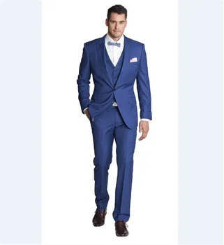 

New Style Mens Suits Groomsmen Peak Lapel Groom Tuxedos Blue and White Grid Wedding Best Man Suit (Jacket+Pants+Vest)