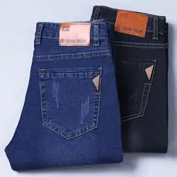 2019 сезон: весна-лето новый для мужчин's повседневные Прямые джинсы мужской моды Синий Эластичный рваные прямые брюки для девочек плюс