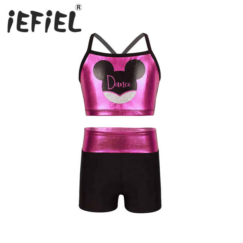 

Kids Girls Dancewear Outfit Cartoon Animal Pattern Letters Dance Printed Tank Top with Shorts Set for Ballet Dance Gym Workout