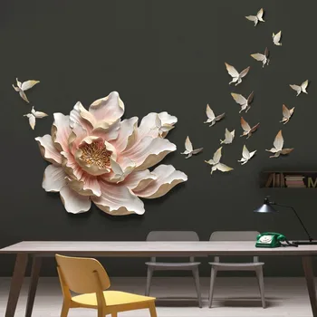 

3D Stereo Wall Hanging Resin Flower+Butterfly Home Decoration Crafts Restaurant Hotel Wall Ornament Livingroom Sofa Mural Decor