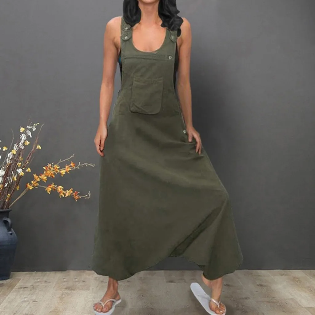 

Plus Size Women Long Jumpsuits U Neck Sleeveless Backless Side Pockets Baggy Long Jumpsuits Spring Autumn Casual Jumpsuits L0527