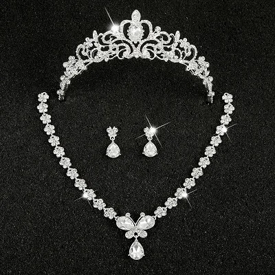 Hot Sale Sliver Plated Rhinestone Crystal Necklace+Earrings+Tiara 3pcs Jewelry Set For Bride Bridal Wedding Accessories (22)