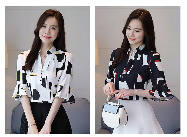 New Style Women Blouses Geometric Pattern Chiffon Blouses Shirts Female Short Sleeve Plus Size Tops Lady 2018 Print Blusa Feminina (3)