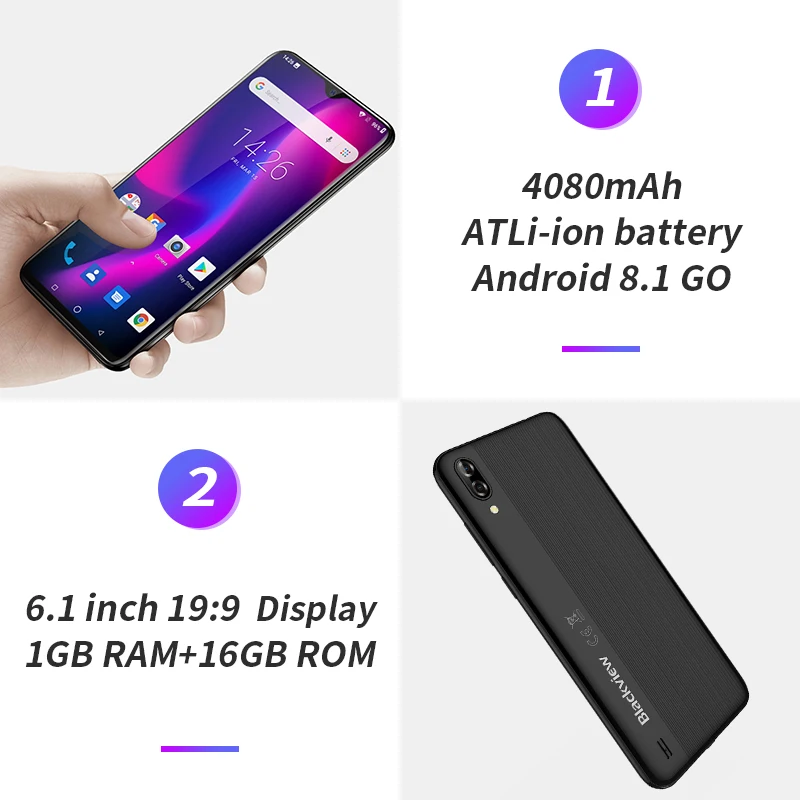 Смартфон Blackview A60, 4080 мАч, аккумулятор, 19:9, 6,1 дюйма, двойная камера, 1 ГБ ram, 16 ГБ rom, мобильный телефон, 13 МП+ 5 Мп камера