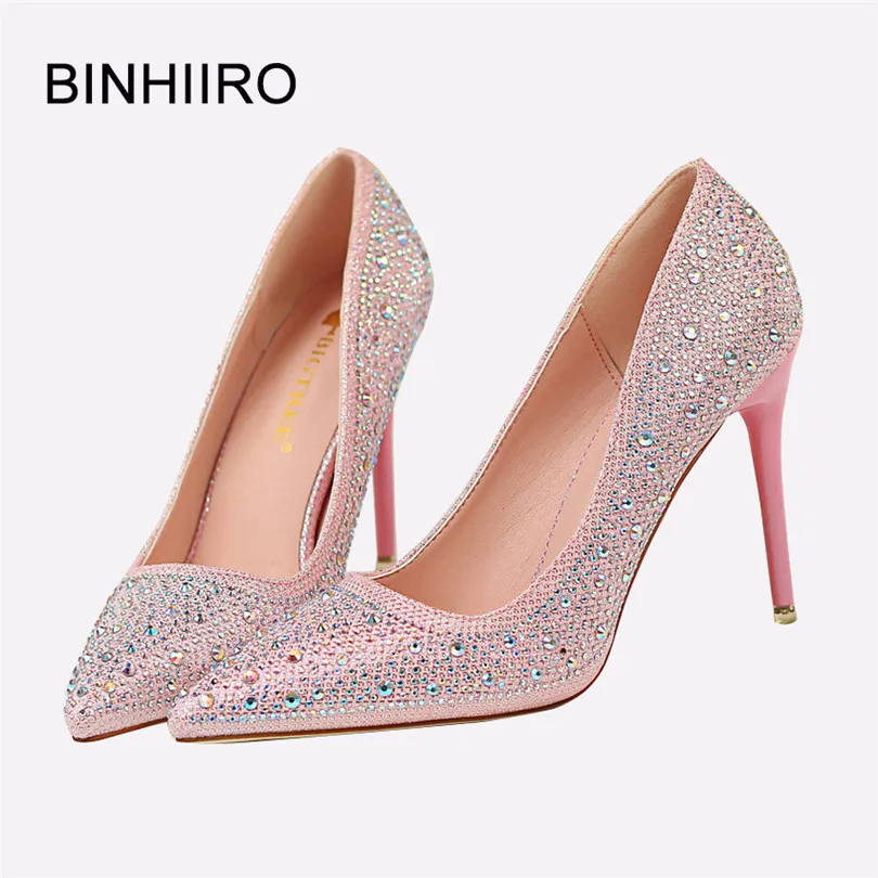 

BINHIIRO Summer Woman PU crystal Heels Pointed Toe Fashion Thin High Heels elegant Black Wedding Shoes For Women Party Shoes
