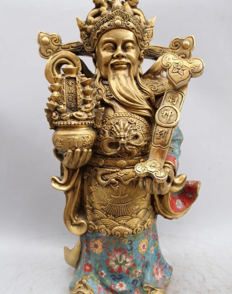 

19" Chinese Cloisonne Bronze Gilt Mammon Money Wealth God treasure bowl Statue