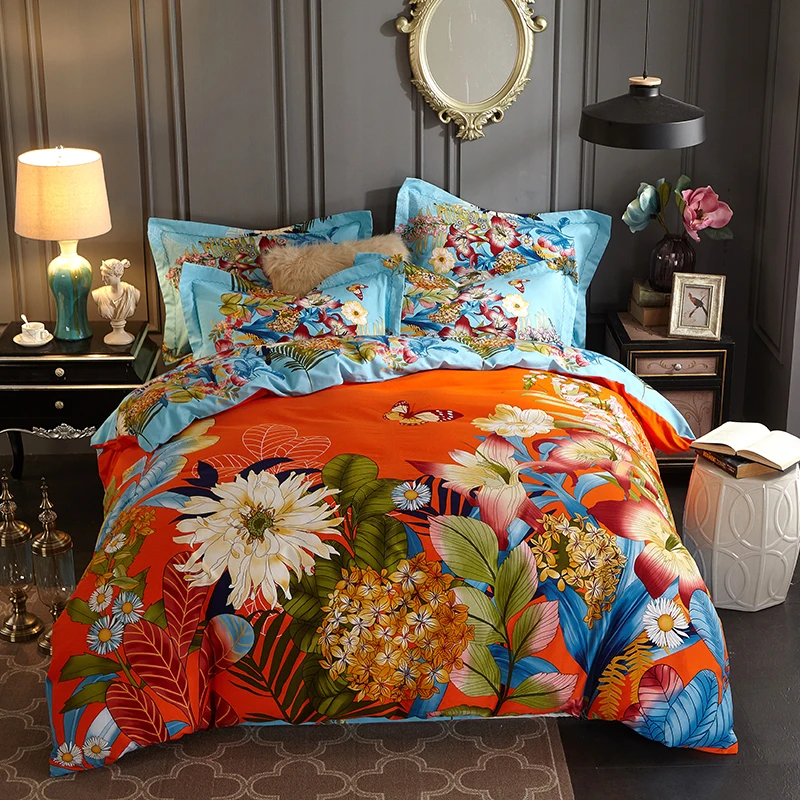 Orange Floral Print Bedding Set 4pcs Queen King Size Brushed