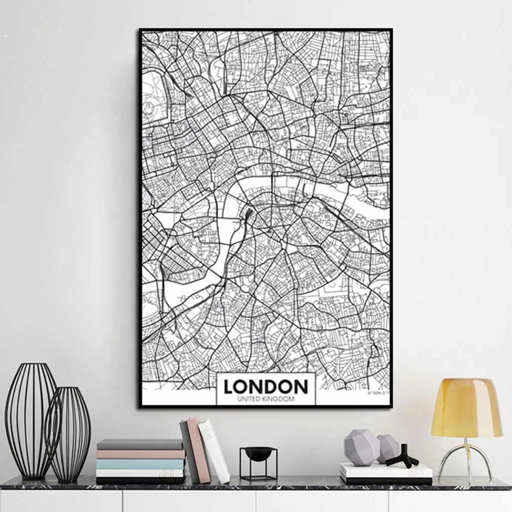 

Wall Painting London New York Paris Canvas World City Map Poster Black White Abstract Skeleton Oil Unframed Drawing