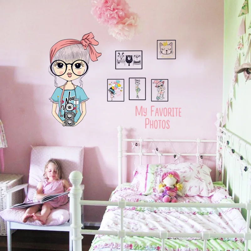 Мода Фотография Девушка фоторамка стикер стены Детская комната Спальня милая девочка из мультфильма декоративные наклейки diy обои