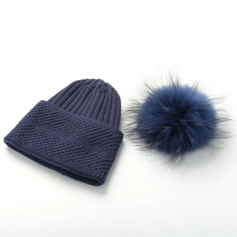 Winter Hat Women Knit Cap Warm Wool Real Raccoon Pom Pom Ski Accessory Brim Beanie Headwear Soft Casual Outdoor Solid Color (4)