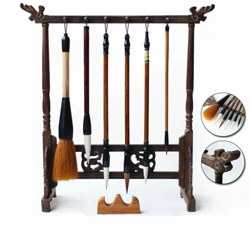 Goedkoop Chinese Kalligrafie Borstel Pen Hanger 12 Haken Kip vleugel Hout Borstel Pen Opknoping Pen Rest Chinese Schilderkunst Kalligrafie Supplies