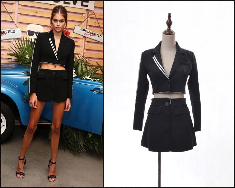 

New 2019 American Supermodel Street Photo Kaia Same Tide Spring Black Fashion Suit and Dress for