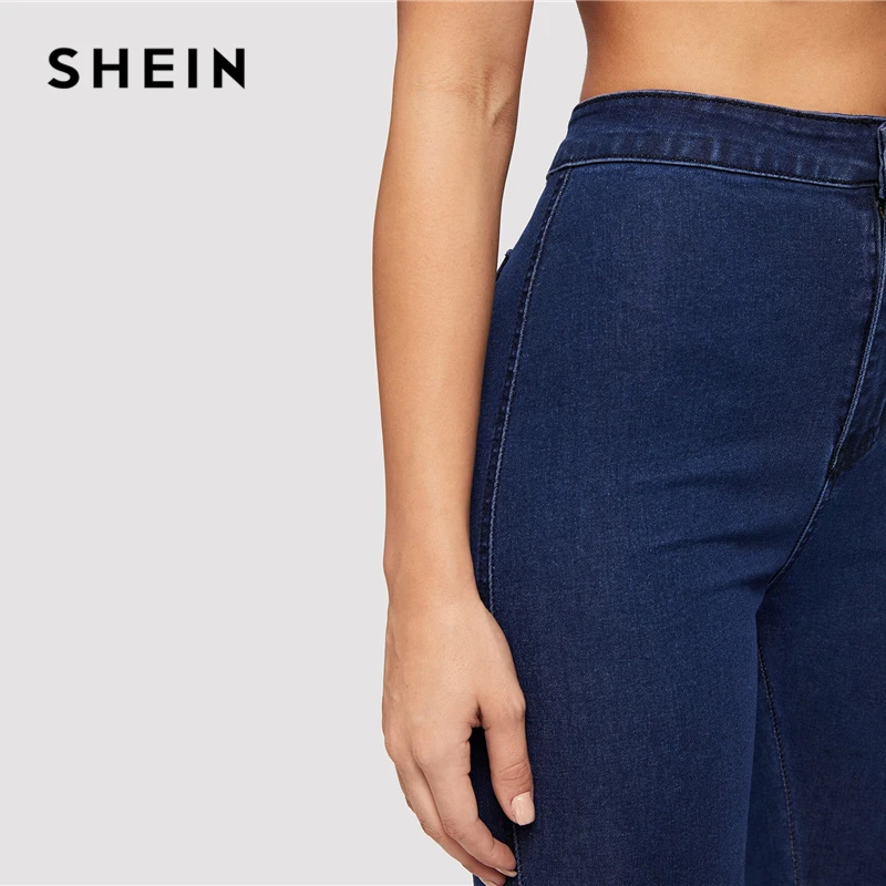 Однотонные обтягивающие джинсы SHEIN весна осень 2019 узкие эластичные синие темно