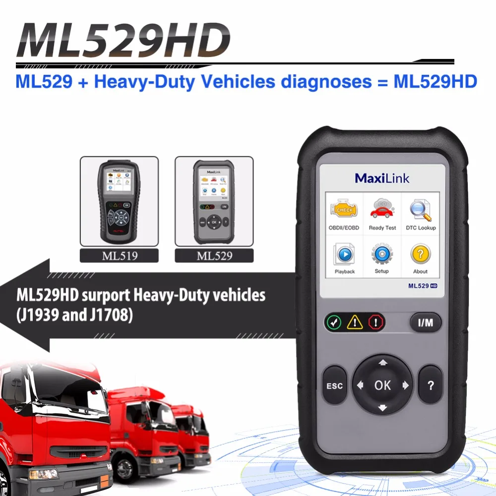 AUTEL ML529HD OBD2 Scanner with Enhanced Mode 6 One-Key Ready Test for Heavy-Duty Code Reader Automotive Car Diagnostic tools
