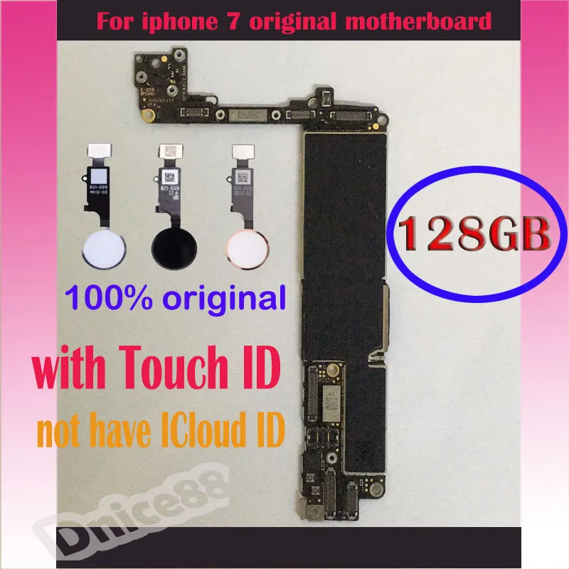 

For moblie iphone 7 4.7 original motherboard,the memory is 128GB,good quality and unlocked,with touch id,no have icloud id.