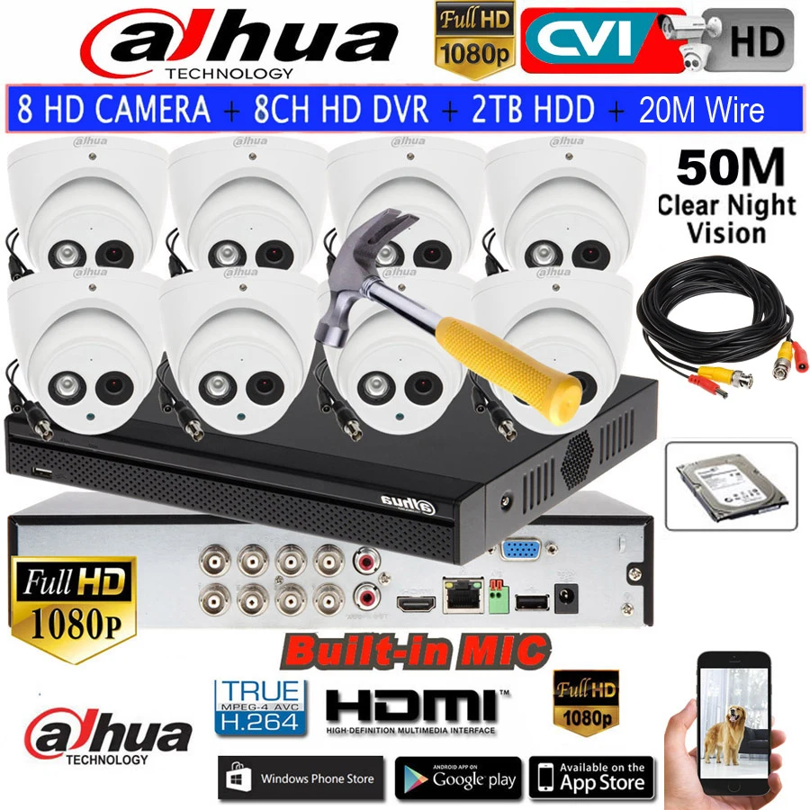  Dahua 2MP IR50M HD CCTV cámara incorporada Mic HAC-HDW1200EMP-A cámara de domo CVI 8CH HCVR5108HS-S