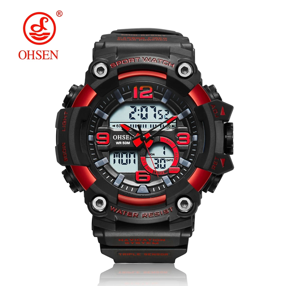 

OHSEN Brand Digital Quartz Mens Fashion Sport Watch Wristwatch Dual Time Display 30M Waterproof Rubber Band Red LCD Male clock