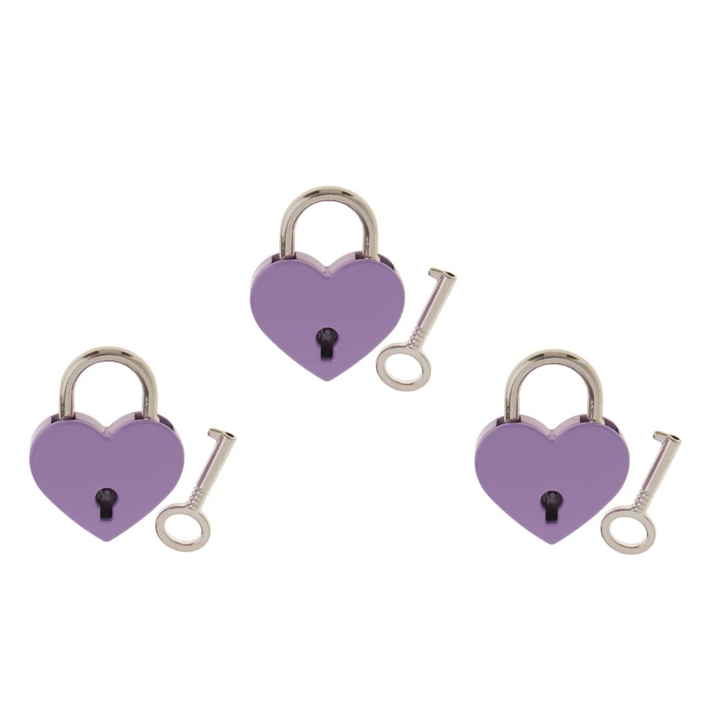 Vintage Heart Shape Padlock w/ Key Tiny Suitcase Lock Purple (Lot of 3)
