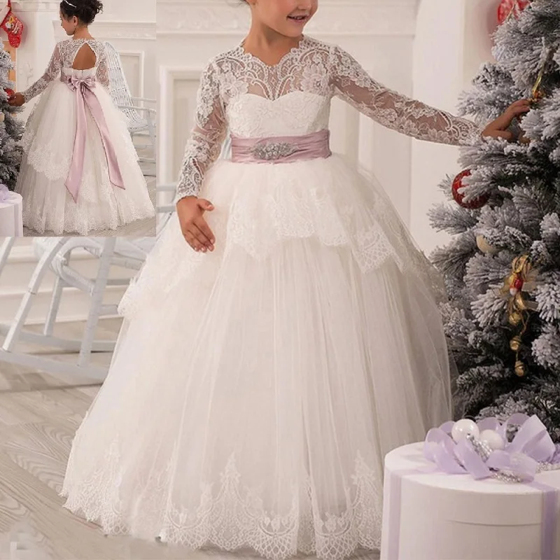 Платье принцессы для маленьких девочек кружевное платье с бисером для детей, свадебное платье подружки невесты для дня рождения, длинное платье из тюля для девочек, От 2 до 13 лет - Цвет: G