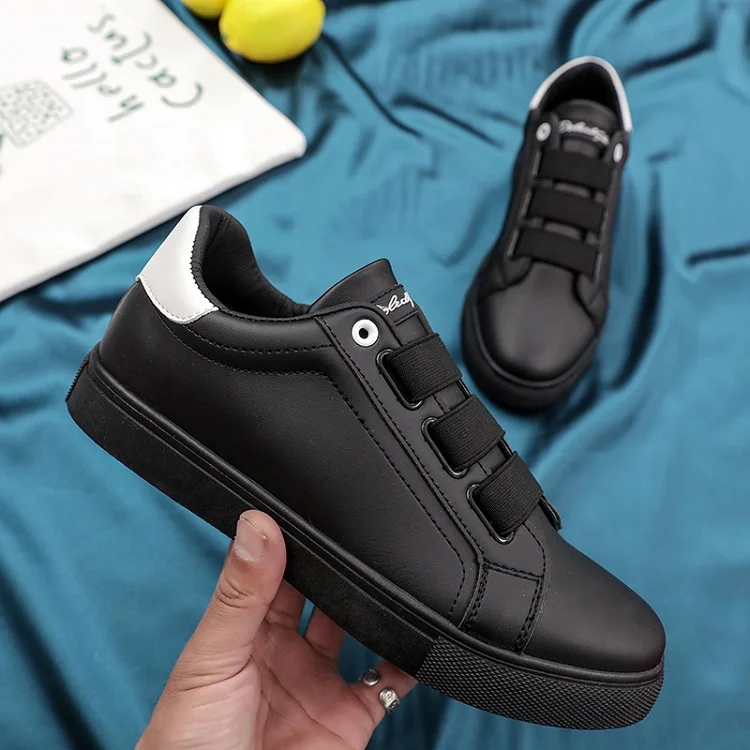 Spring Autumn Man Skateboarding Leather stitching Shoes Sneakers Breathable Elastic band  Hard-Wearing Round head Flat Shoes Man (25)