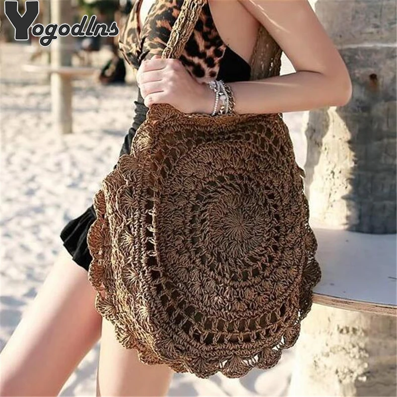 

Bohemian Straw Bags for Women Circle Beach Handbags Summer Rattan Shoulder Bags Handmade Knitted Travel Big Totes Bag 2019 New