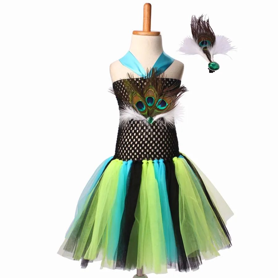 Stunning Peacock Tutu Dress and Matching Hair Clip Girls Peacock Feather Dress Halloween Photo Props Fancy Cosplay Clothing (5)