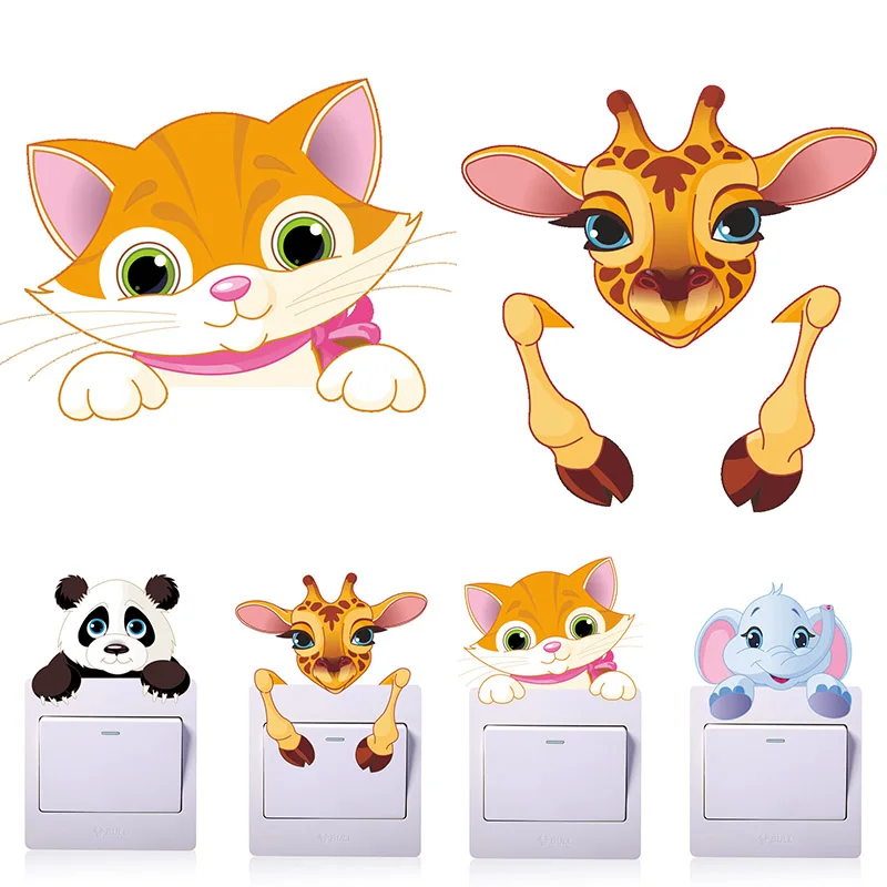 1PC Cute Elephant Mini Cartoon Light Switch Sticker 3D Decal Wall Animals Sahped Remoable Cat Panda Home Decorations | Дом и сад