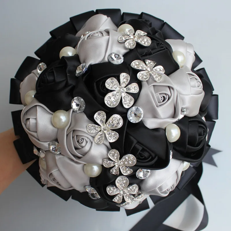 Black Silver Artificial Flower Bouquet Stunning Crystal marriage